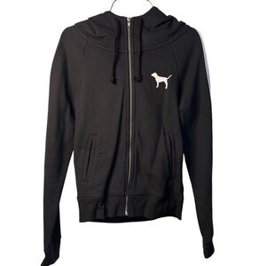 VTG PINK Victoria's Secret Hoodie Black Zip Up Y2K Athleisure Dog Logo XS Women